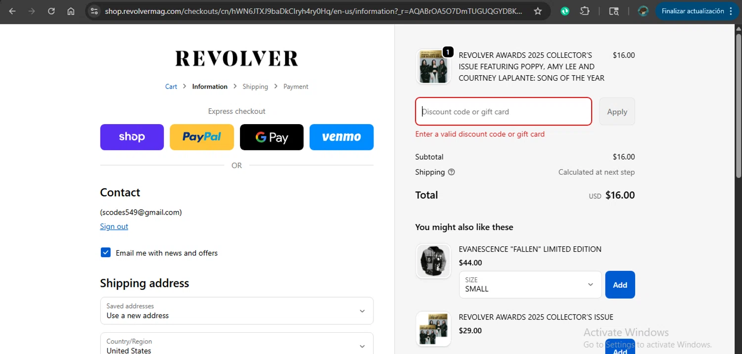 Revolver Magazine discount code screenshot showing code AFM26 applied at Revolver Magazine checkout page. Uploaded by SimplyCodes community member MariaCorinaMachado on Dec 11, 2025