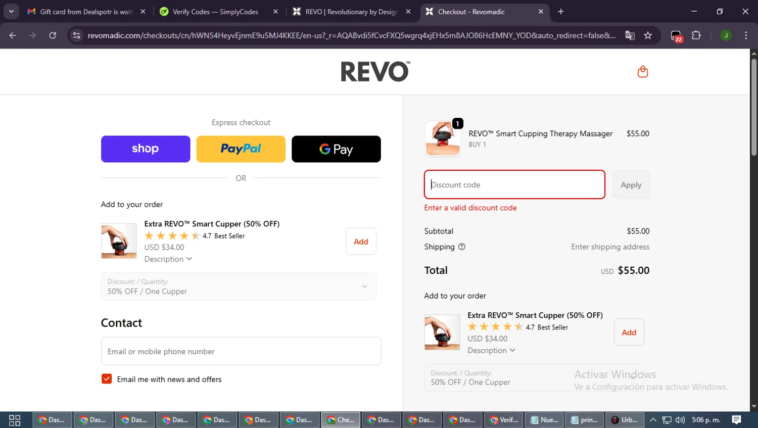 Revomadic coupon code screenshot showing code REVO10 applied at Revomadic checkout page. Uploaded by SimplyCodes community member SmartLion6646 on Nov 8, 2025