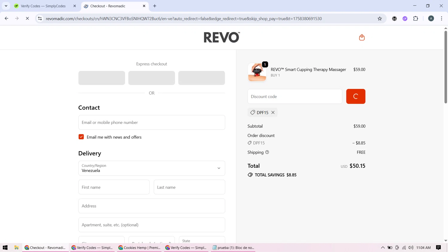 Revomadic coupon code screenshot showing code DPF15 applied at Revomadic checkout page. Uploaded by SimplyCodes community member BonusMonarch7015 on Sep 20, 2025
