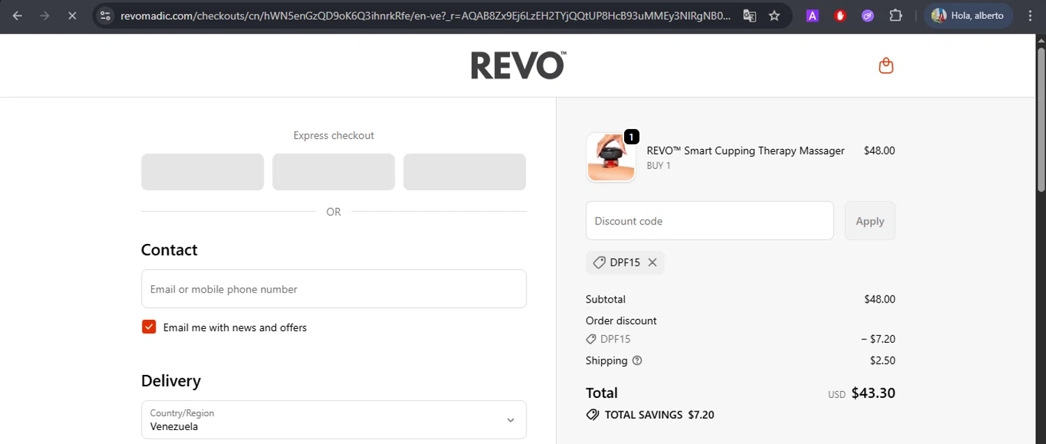Revomadic coupon code screenshot showing code DPF15 applied at Revomadic checkout page. Uploaded by SimplyCodes community member BrilliantFox7966 on Nov 24, 2025