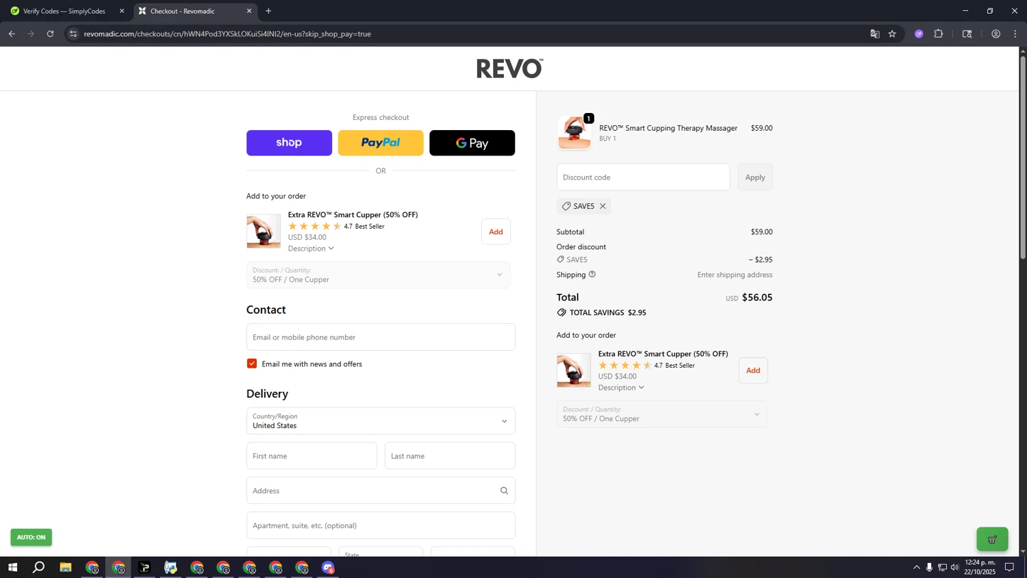 Revomadic coupon code screenshot showing code save5 applied at Revomadic checkout page. Uploaded by SimplyCodes community member ooooooooooooooooooo on Oct 22, 2025