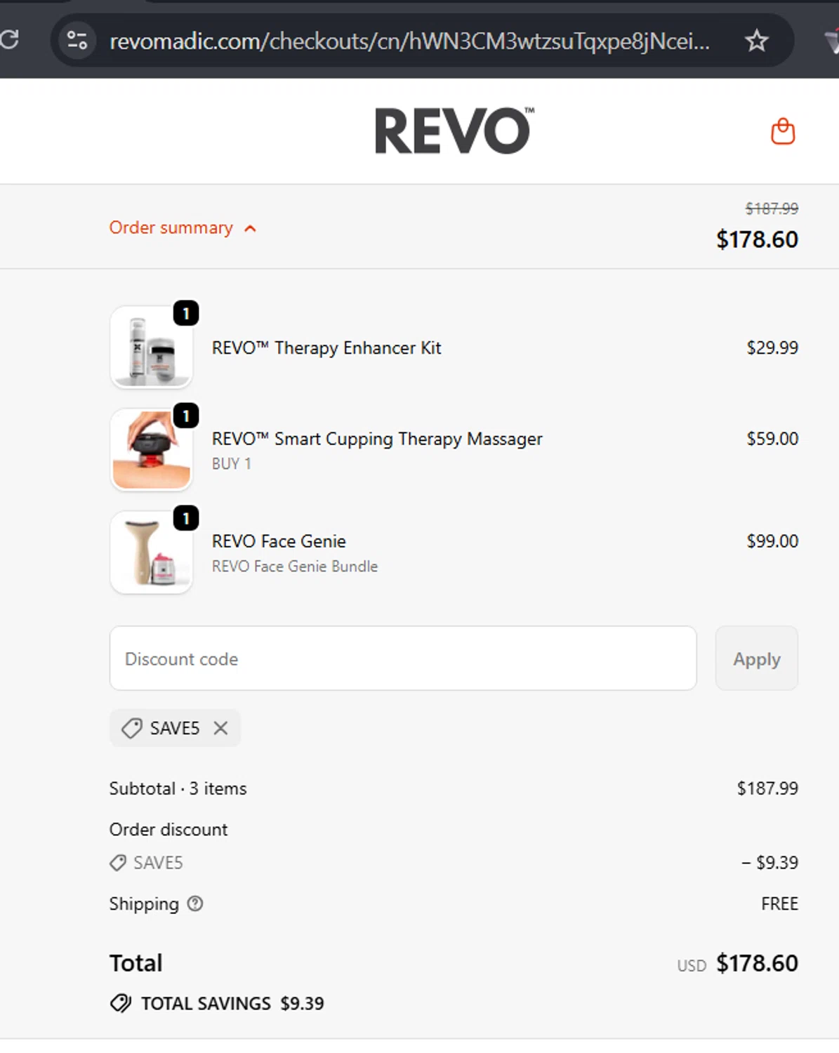 Revomadic coupon code screenshot showing code save5 applied at Revomadic checkout page. Uploaded by SimplyCodes community member RafaLB on Sep 20, 2025