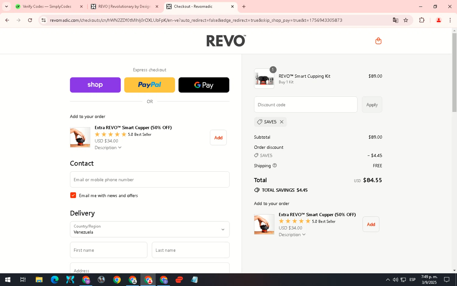Revomadic coupon code screenshot showing code save5 applied at Revomadic checkout page. Uploaded by SimplyCodes community member WiseHero7115 on Sep 3, 2025