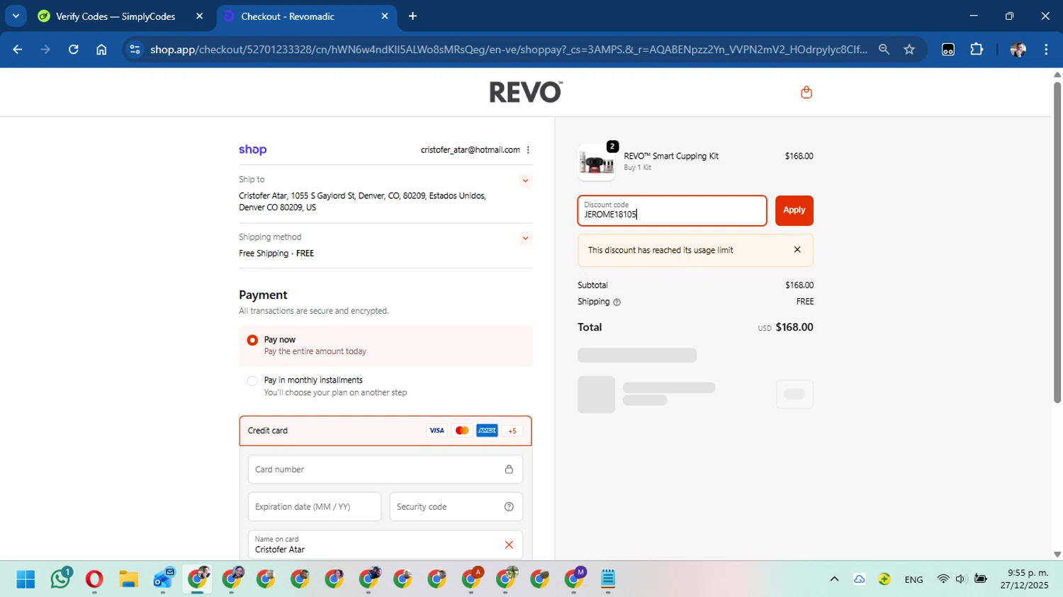 Revomadic coupon code screenshot showing code JEROME18105 applied at Revomadic checkout page. Uploaded by SimplyCodes community member DavidMGF on Dec 28, 2025
