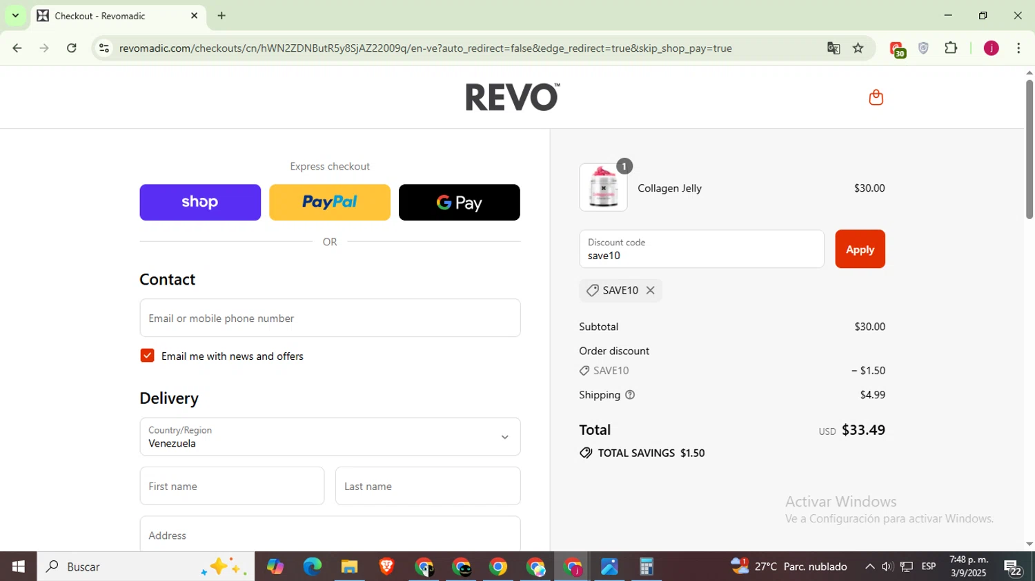 Revomadic coupon code screenshot showing code save10 applied at Revomadic checkout page. Uploaded by SimplyCodes community member MoneyScholar5687 on Sep 3, 2025