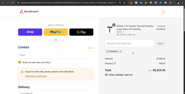 Revopoint 3D checkout page showing Revopoint 3D promo code box | Screenshot taken by SimplyCodes community member on Sep 8, 2025