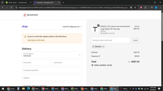 Revopoint 3D checkout page showing Revopoint 3D promo code box | Screenshot taken by SimplyCodes community member on Sep 4, 2025