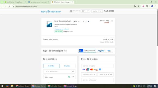 Revo Uninstaller checkout page showing Revo Uninstaller discount code box | Screenshot taken by SimplyCodes community member on May 20, 2025