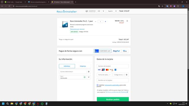 Revo Uninstaller checkout page showing Revo Uninstaller discount code box | Screenshot taken by SimplyCodes community member on Jul 1, 2025