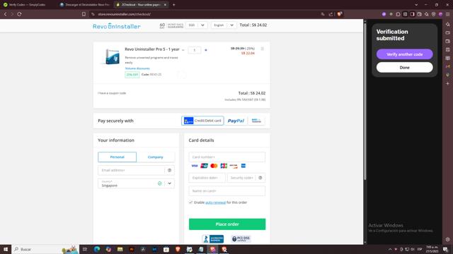 Revo Uninstaller checkout page showing Revo Uninstaller discount code box | Screenshot taken by SimplyCodes community member on May 27, 2025