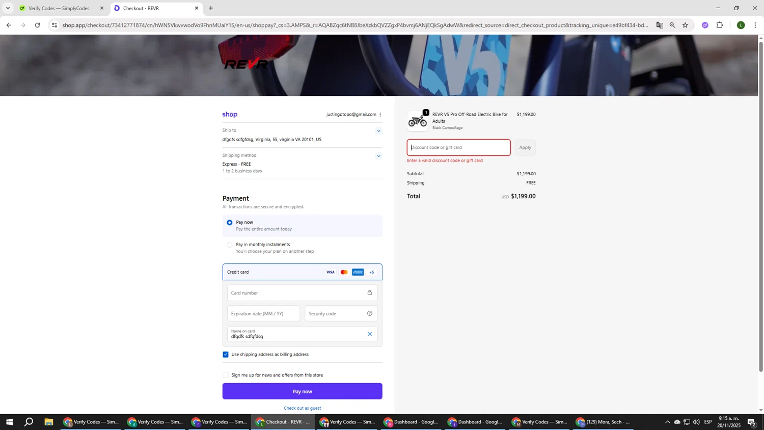 REVR promo code screenshot showing code REVR100OFF applied at REVR checkout page. Uploaded by SimplyCodes community member DUCATI on Nov 20, 2025