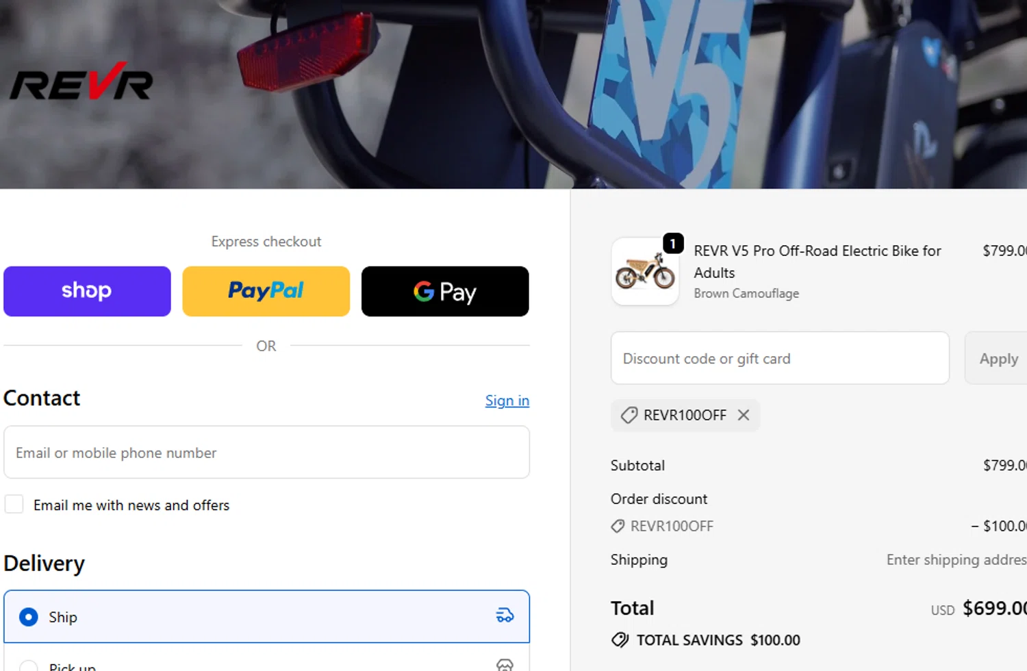 REVR promo code screenshot showing code REVR100OFF applied at REVR checkout page. Uploaded by SimplyCodes community member Dejadepicharme on Sep 23, 2025