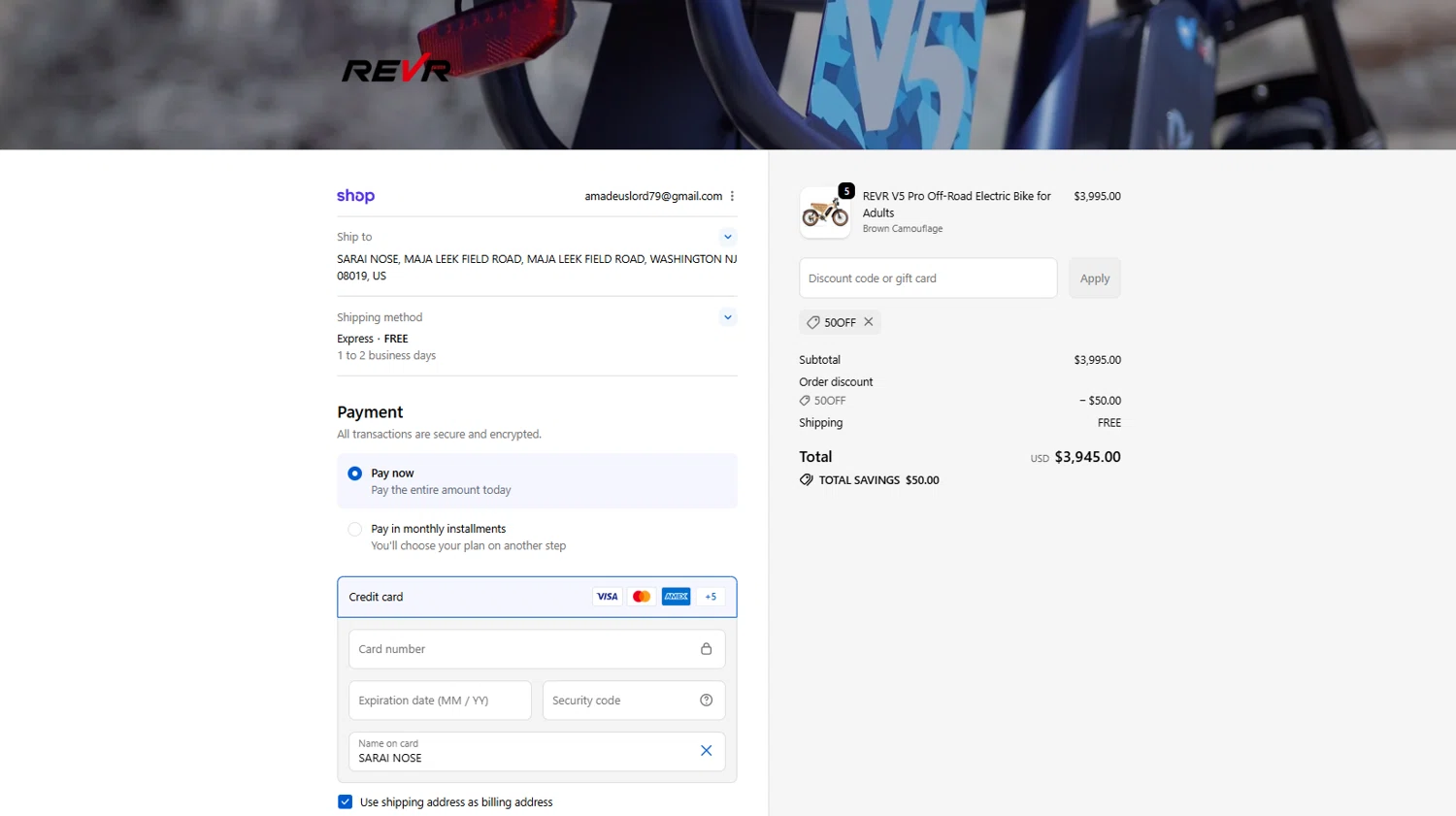 REVR promo code screenshot showing code 50OFF applied at REVR checkout page. Uploaded by SimplyCodes community member PANDITA on Oct 13, 2025