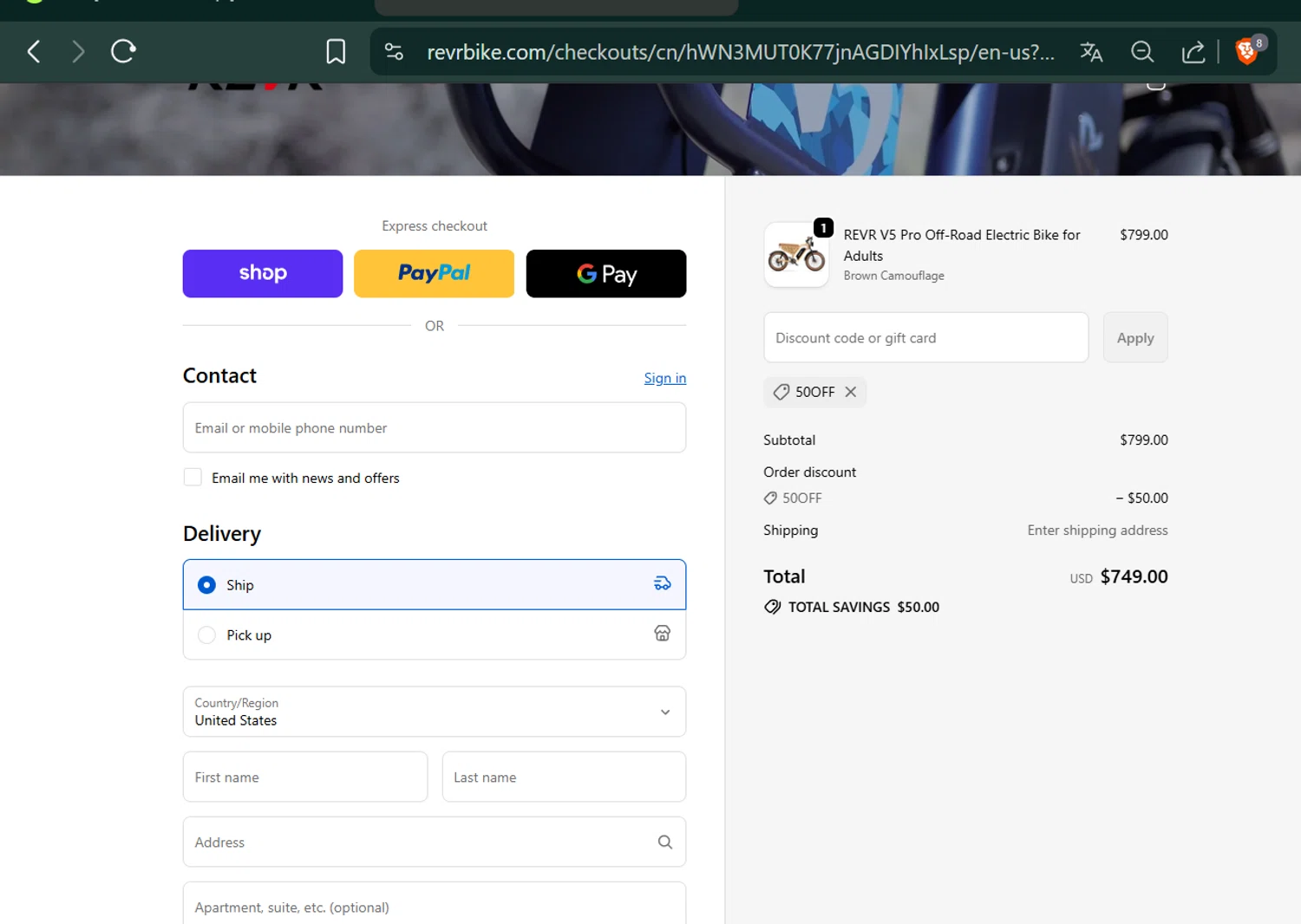 REVR promo code screenshot showing code 50OFF applied at REVR checkout page. Uploaded by SimplyCodes community member PennyCaptain4684 on Sep 24, 2025