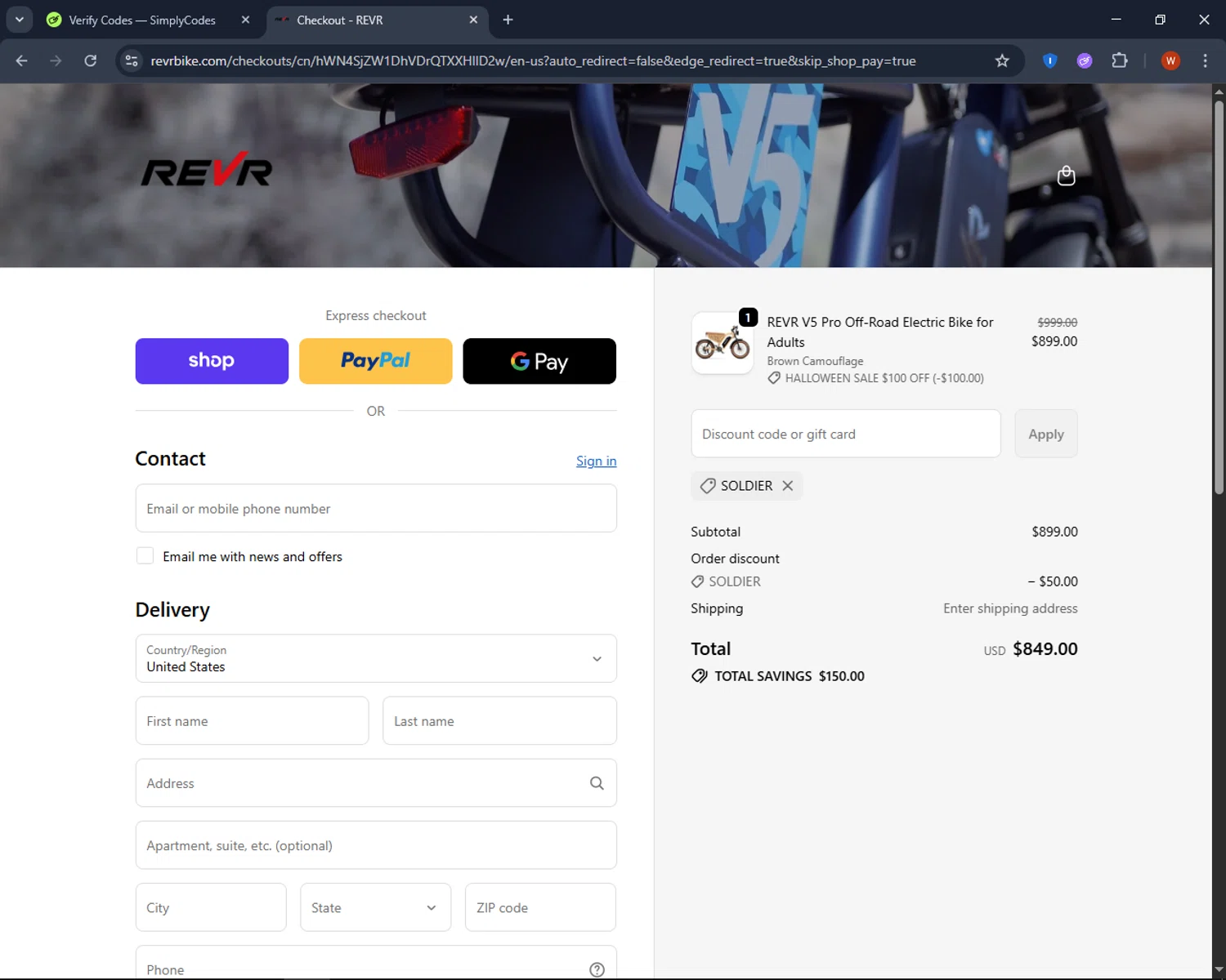 REVR promo code screenshot showing code SOLDIER applied at REVR checkout page. Uploaded by SimplyCodes community member CashPro9699 on Oct 23, 2025