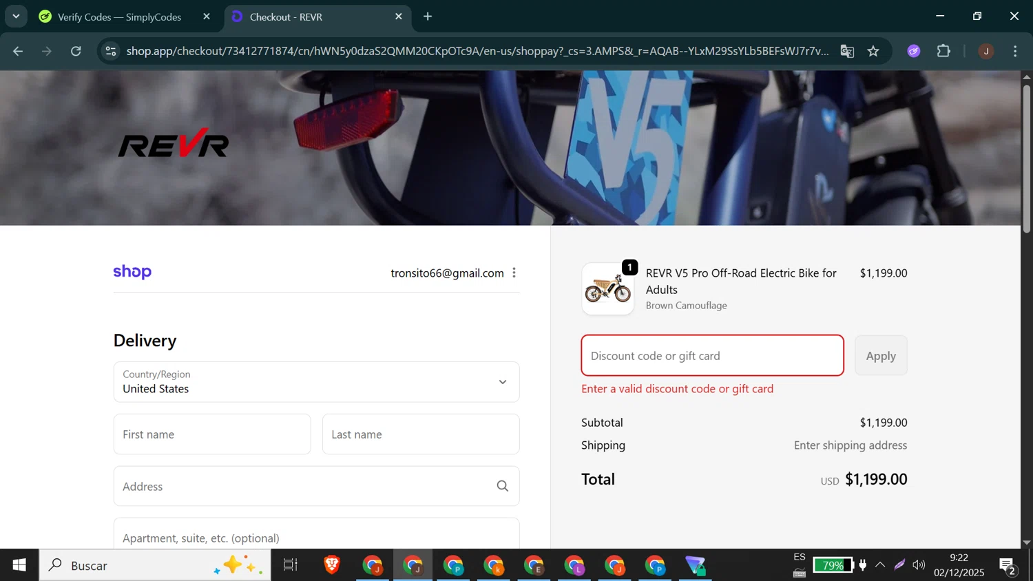 REVR promo code screenshot showing code Gg50 applied at REVR checkout page. Uploaded by SimplyCodes community member Jeffersontorrealba on Dec 2, 2025