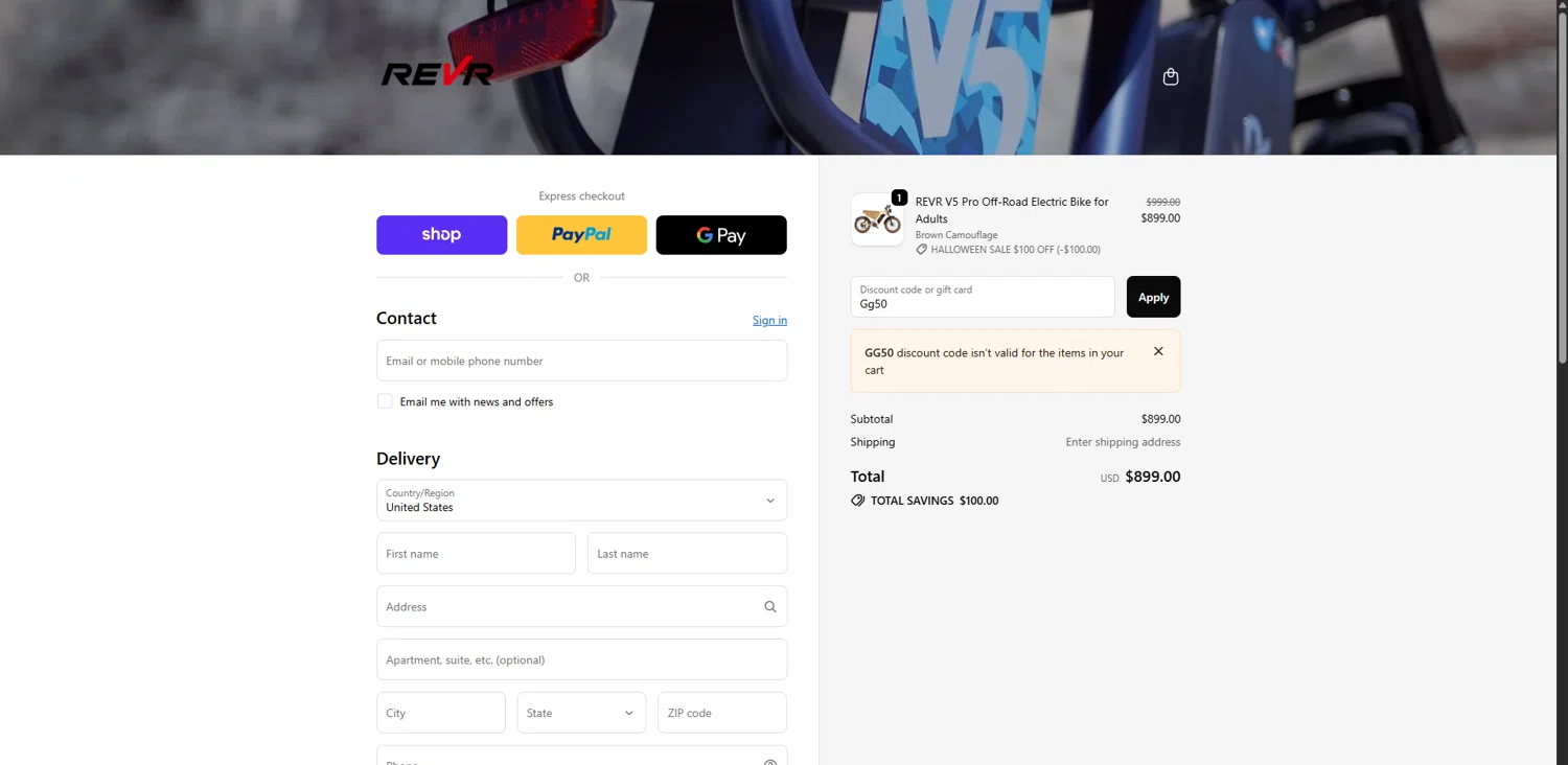 REVR promo code screenshot showing code Gg50 applied at REVR checkout page. Uploaded by SimplyCodes community member SwiftPhoenix267 on Nov 3, 2025
