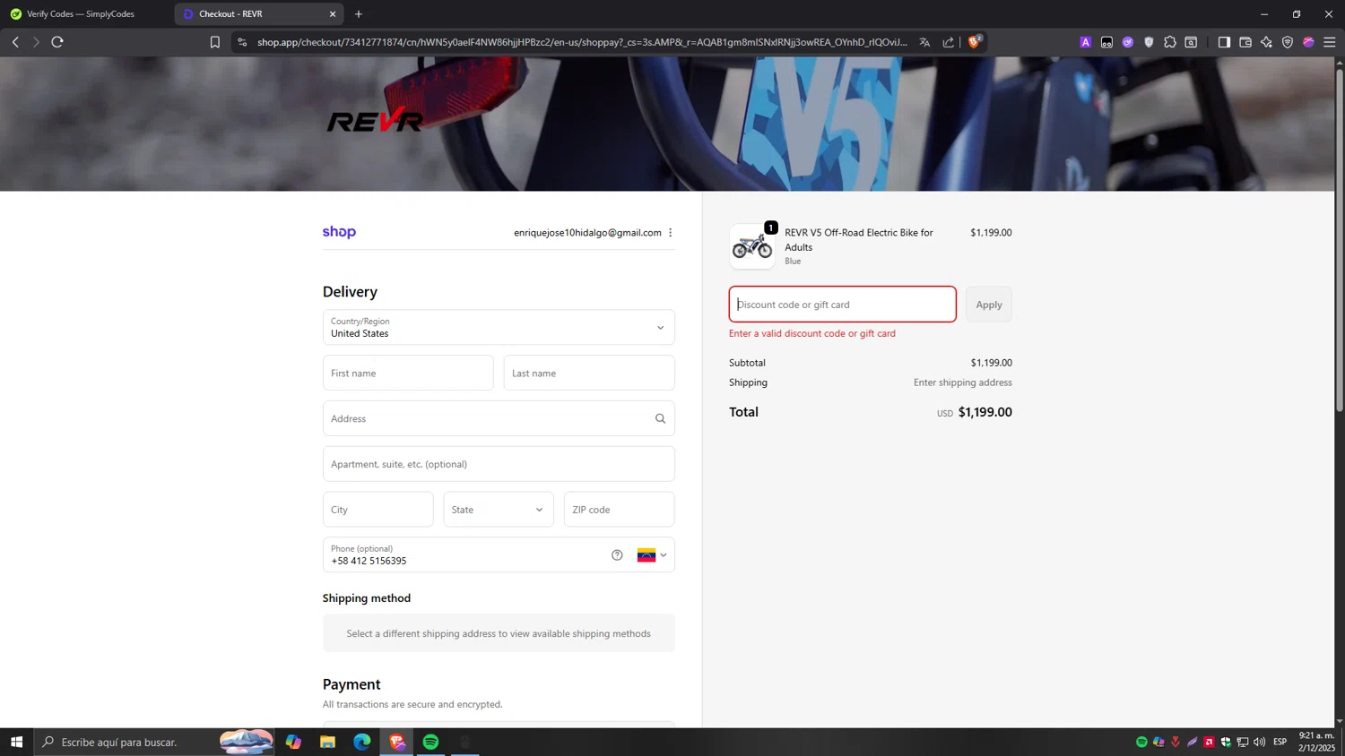 REVR promo code screenshot showing code Gg50 applied at REVR checkout page. Uploaded by SimplyCodes community member Tragedy on Dec 2, 2025