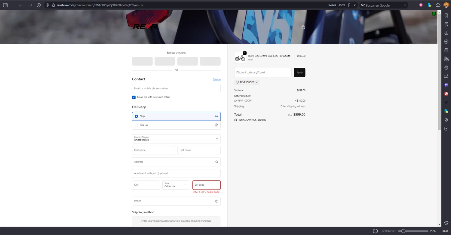 REVR promo code screenshot showing code REVR100OFF applied at REVR checkout page. Uploaded by SimplyCodes community member MRDEAL on Sep 23, 2025