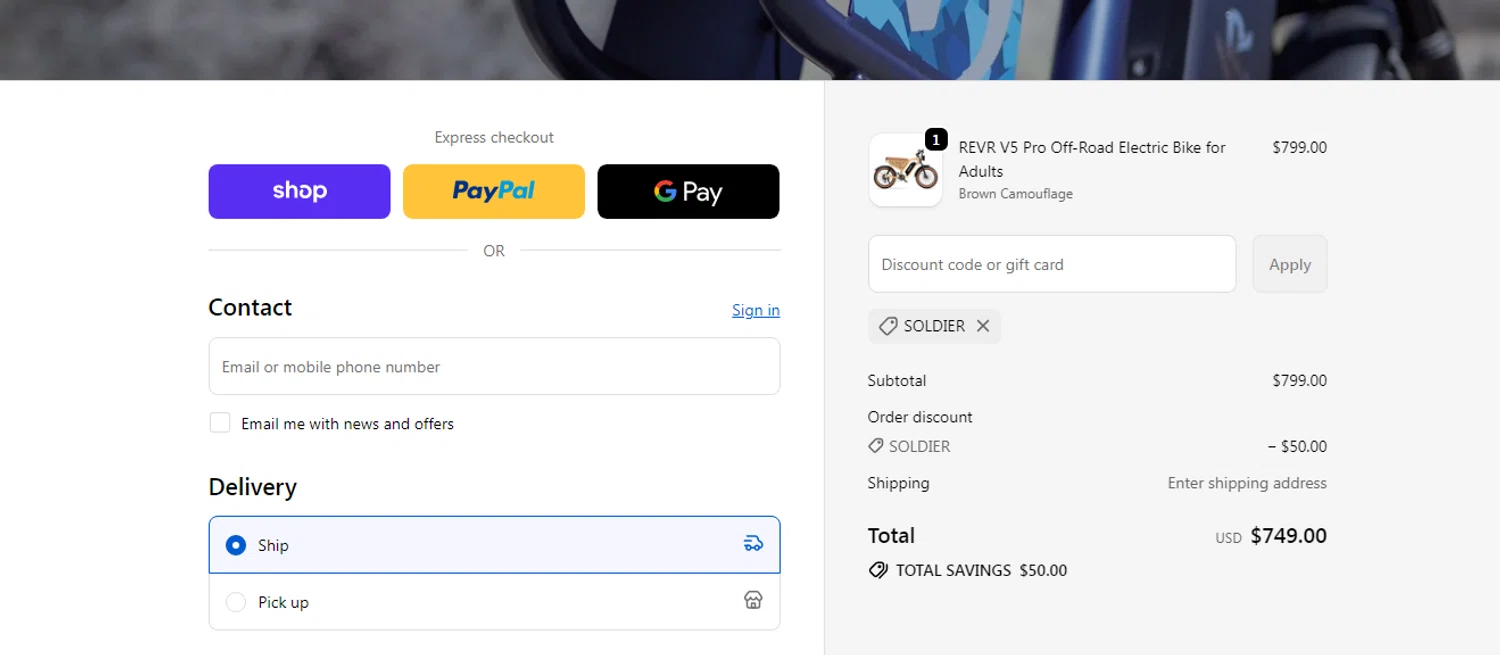 REVR promo code screenshot showing code SOLDIER applied at REVR checkout page. Uploaded by SimplyCodes community member yilmamalave on Sep 24, 2025