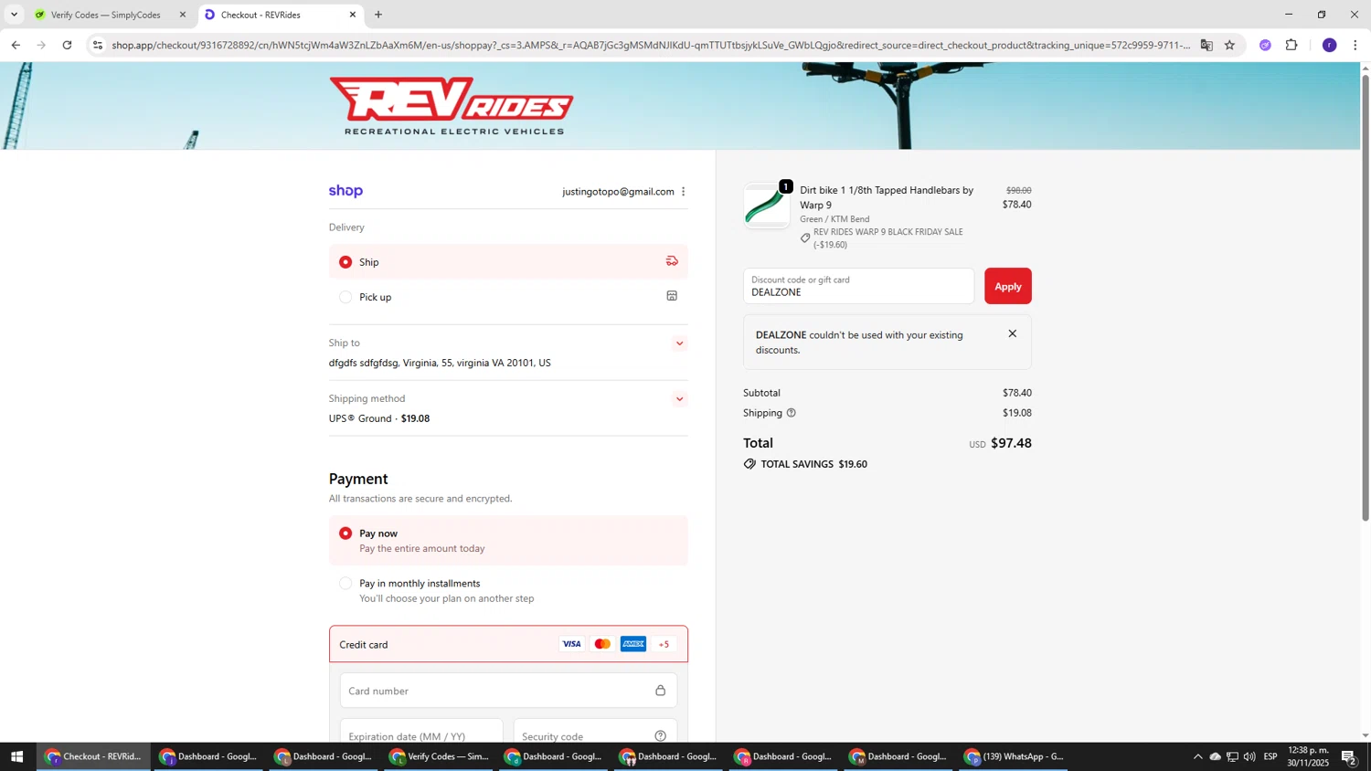 REV Rides discount code screenshot showing code DEALZONE applied at REV Rides checkout page. Uploaded by SimplyCodes community member AberthGotopo on Nov 30, 2025