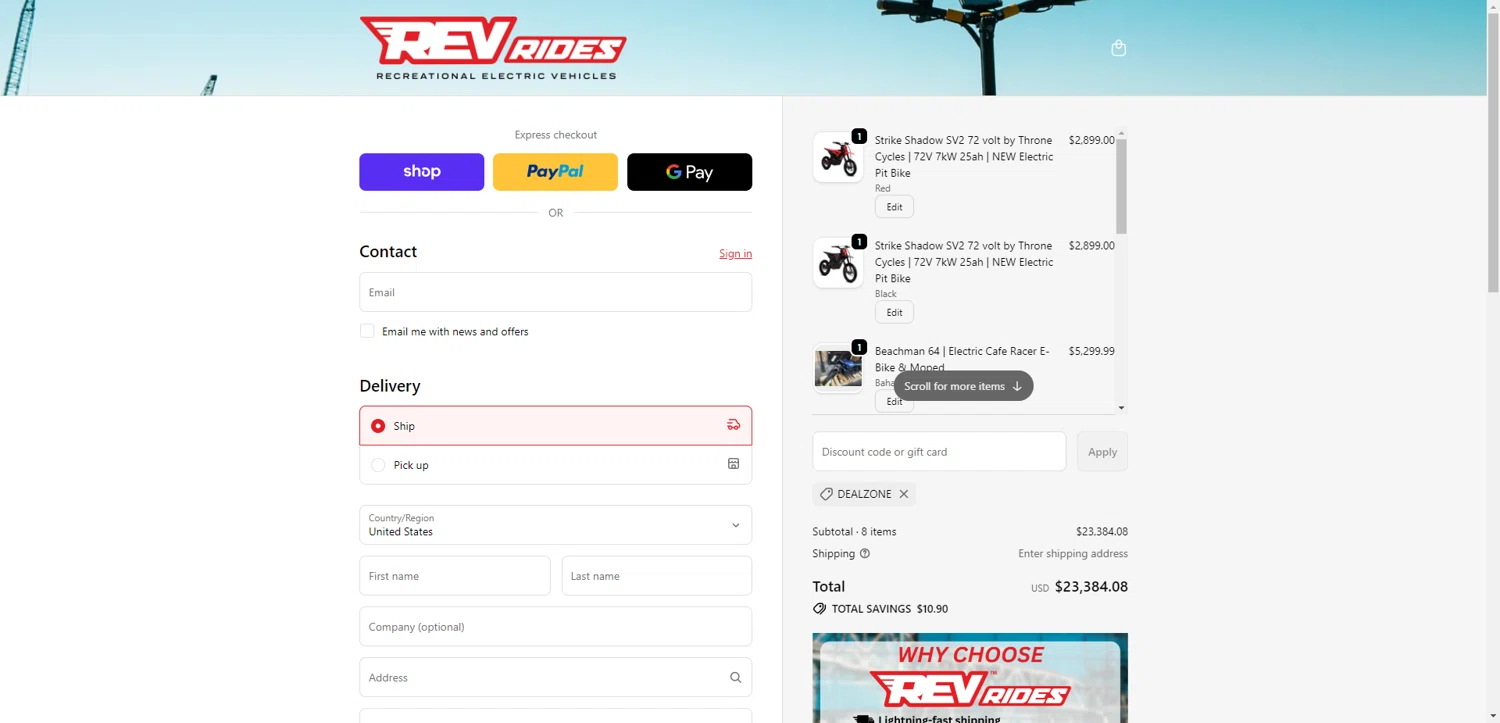 REV Rides discount code screenshot showing code DEALZONE applied at REV Rides checkout page. Uploaded by SimplyCodes community member ScanRanger3503 on Dec 11, 2025