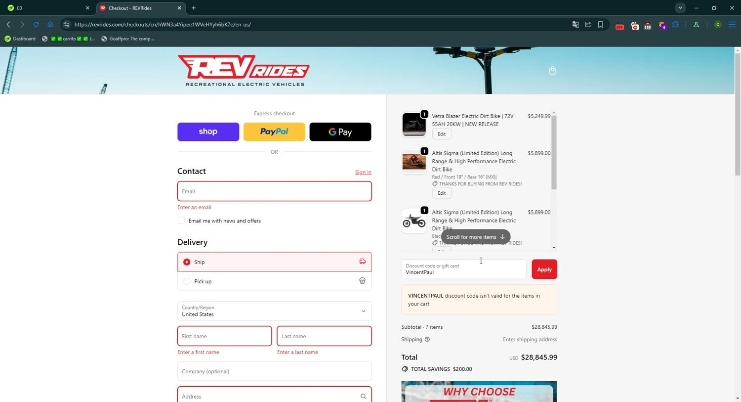 REV Rides discount code screenshot showing code VincentPaul applied at REV Rides checkout page. Uploaded by SimplyCodes community member CrownGuardian9882 on Sep 30, 2025