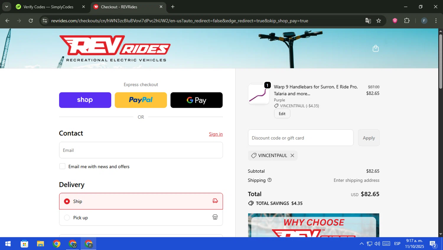 REV Rides discount code screenshot showing code VincentPaul applied at REV Rides checkout page. Uploaded by SimplyCodes community member pajarito on Oct 11, 2025