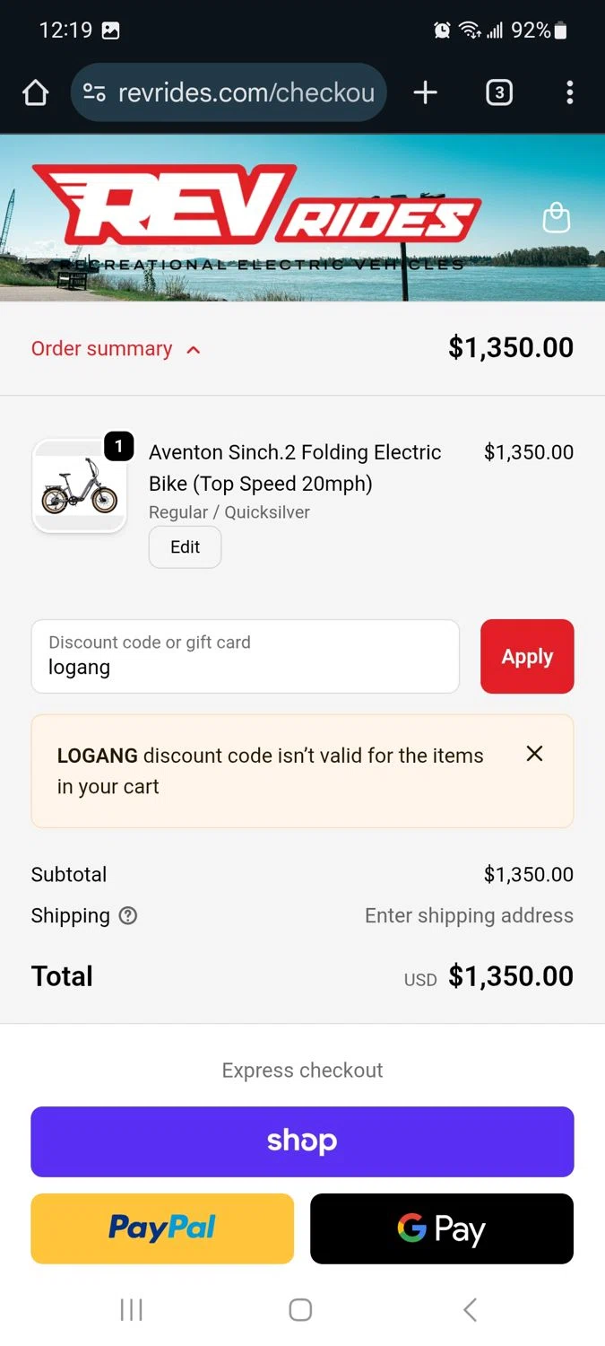 REV Rides discount code screenshot showing code logang applied at REV Rides checkout page. Uploaded by SimplyCodes community member Milaya on Oct 12, 2025