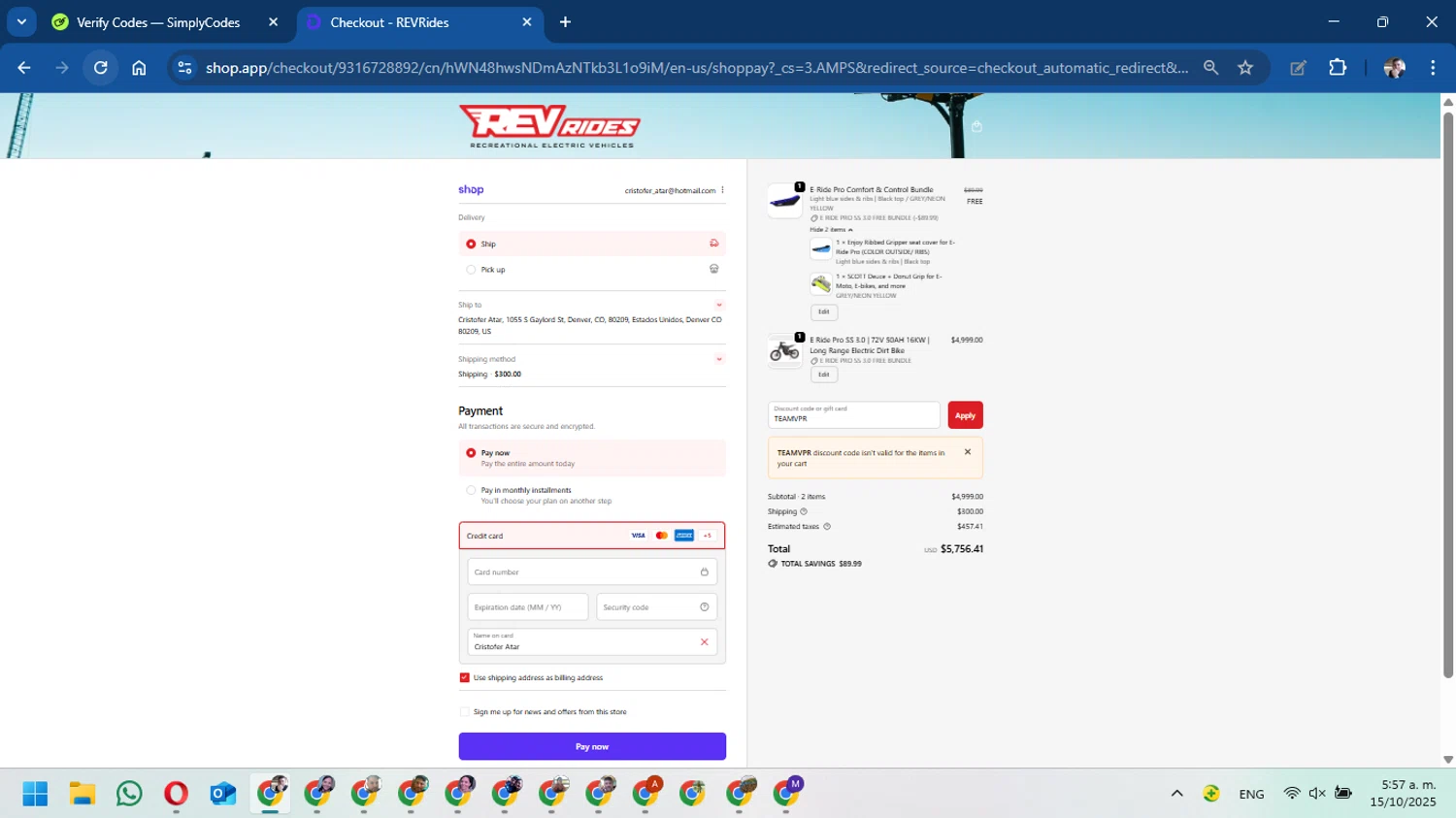REV Rides discount code screenshot showing code TEAMVPR applied at REV Rides checkout page. Uploaded by SimplyCodes community member DavidMGF on Oct 15, 2025