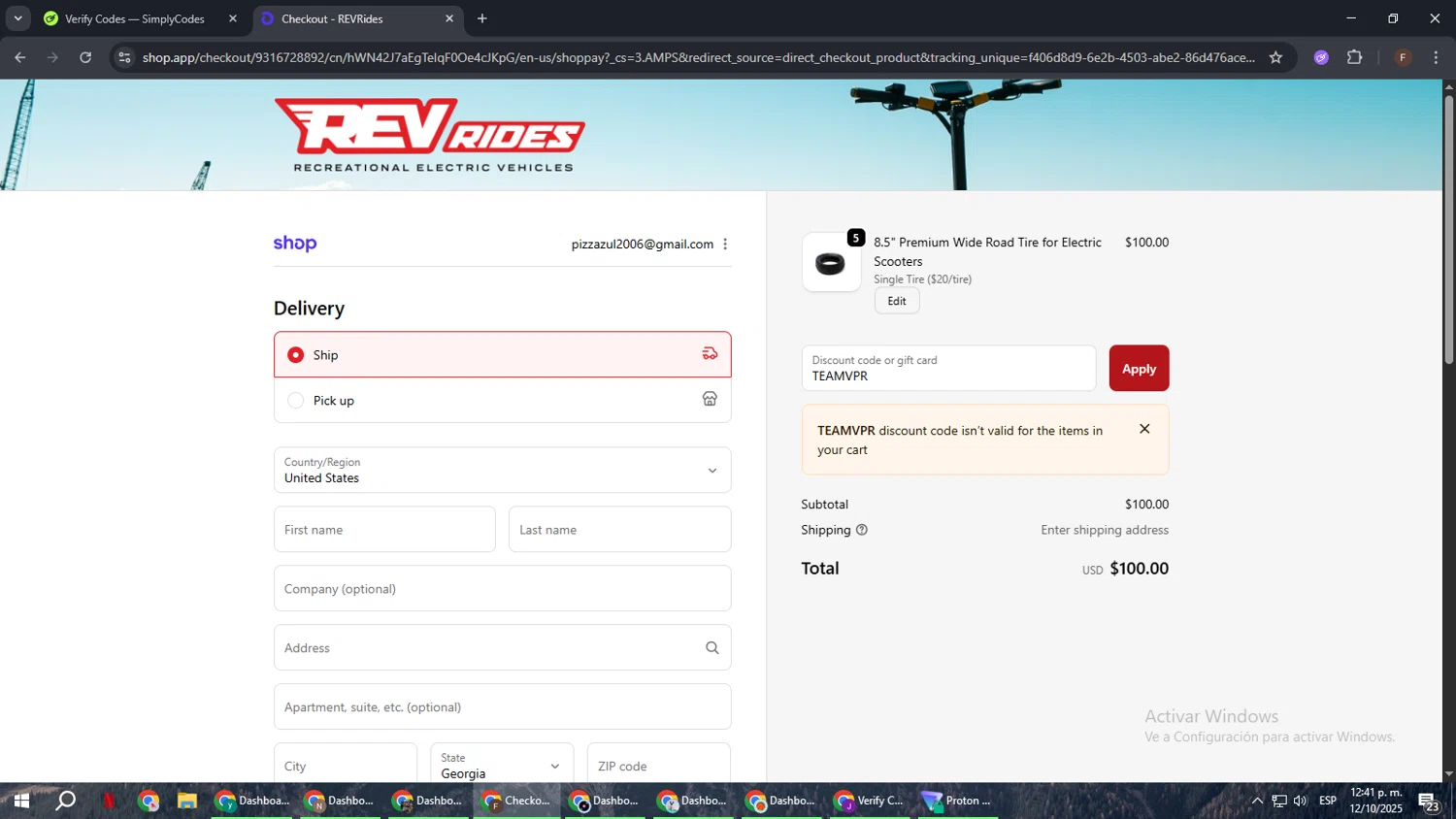 REV Rides discount code screenshot showing code TEAMVPR applied at REV Rides checkout page. Uploaded by SimplyCodes community member ExtraordinaryHunter3076 on Oct 12, 2025