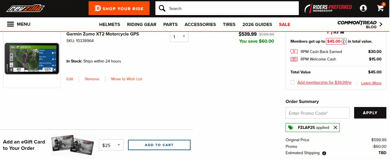 Revzilla promo code screenshot showing code FZLAP25 applied at Revzilla checkout page. Uploaded by SimplyCodes community member SilverMakeup on Feb 6, 2026
