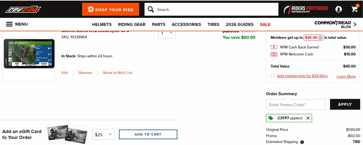 Revzilla promo code screenshot showing code C3TP7 applied at Revzilla checkout page. Uploaded by SimplyCodes community member SilverMakeup on Feb 13, 2026