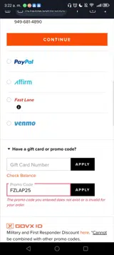 FZLAP25 coupon verification screenshot