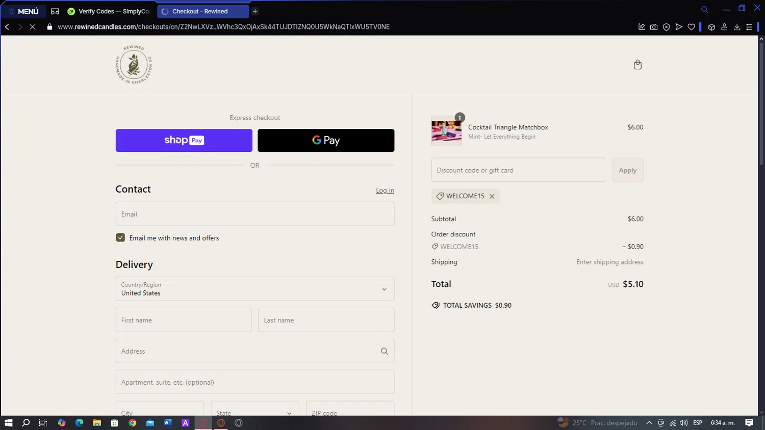 Rewined Candles discount code screenshot showing code WELCOME15 applied at Rewined Candles checkout page. Uploaded by SimplyCodes community member BATMANJA on Mar 1, 2025
