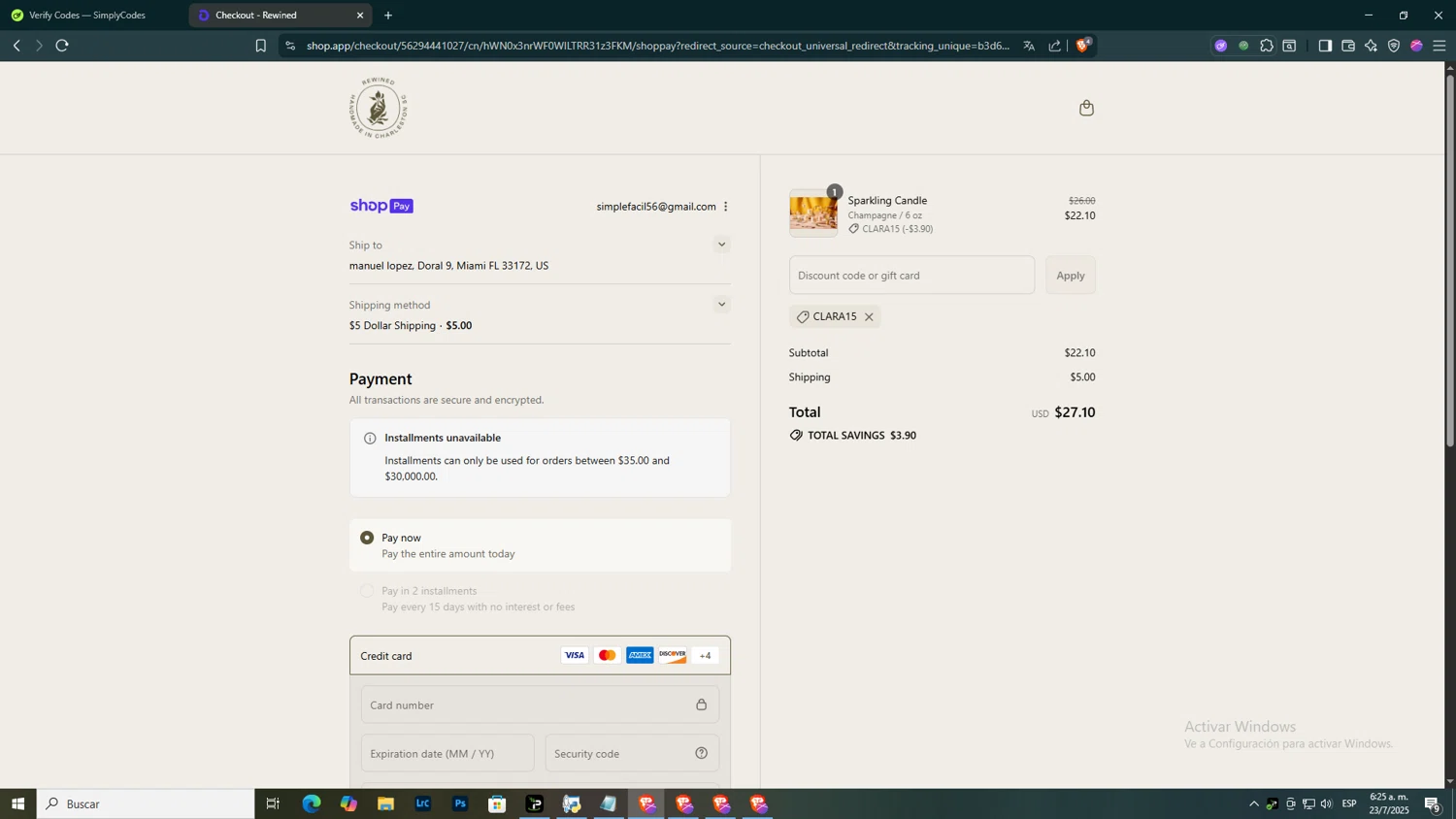 Rewined Candles discount code screenshot showing code Clara15 applied at Rewined Candles checkout page. Uploaded by SimplyCodes community member SmartGuardian6731 on Jul 23, 2025