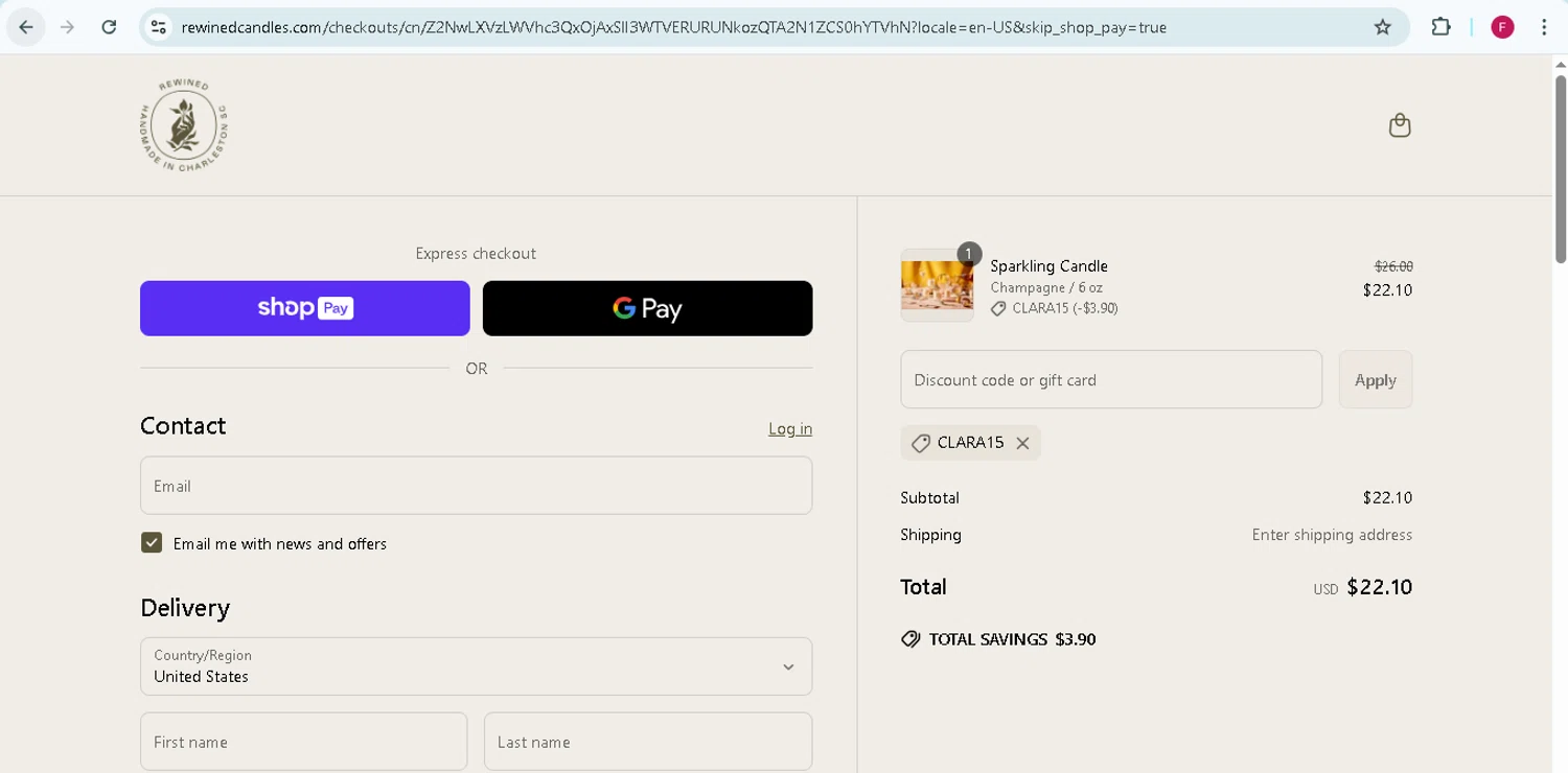 Rewined Candles discount code screenshot showing code Clara15 applied at Rewined Candles checkout page. Uploaded by SimplyCodes community member TokenMonarch796 on Apr 7, 2025