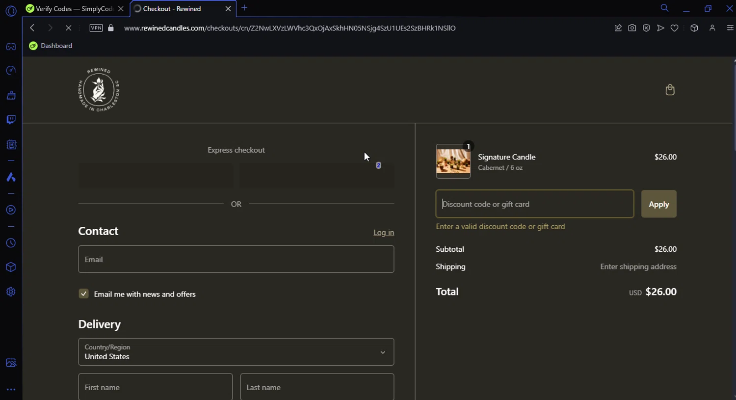 Rewined Candles discount code screenshot showing code DAY2 applied at Rewined Candles checkout page. Uploaded by SimplyCodes community member Jisus007 on Jan 13, 2025