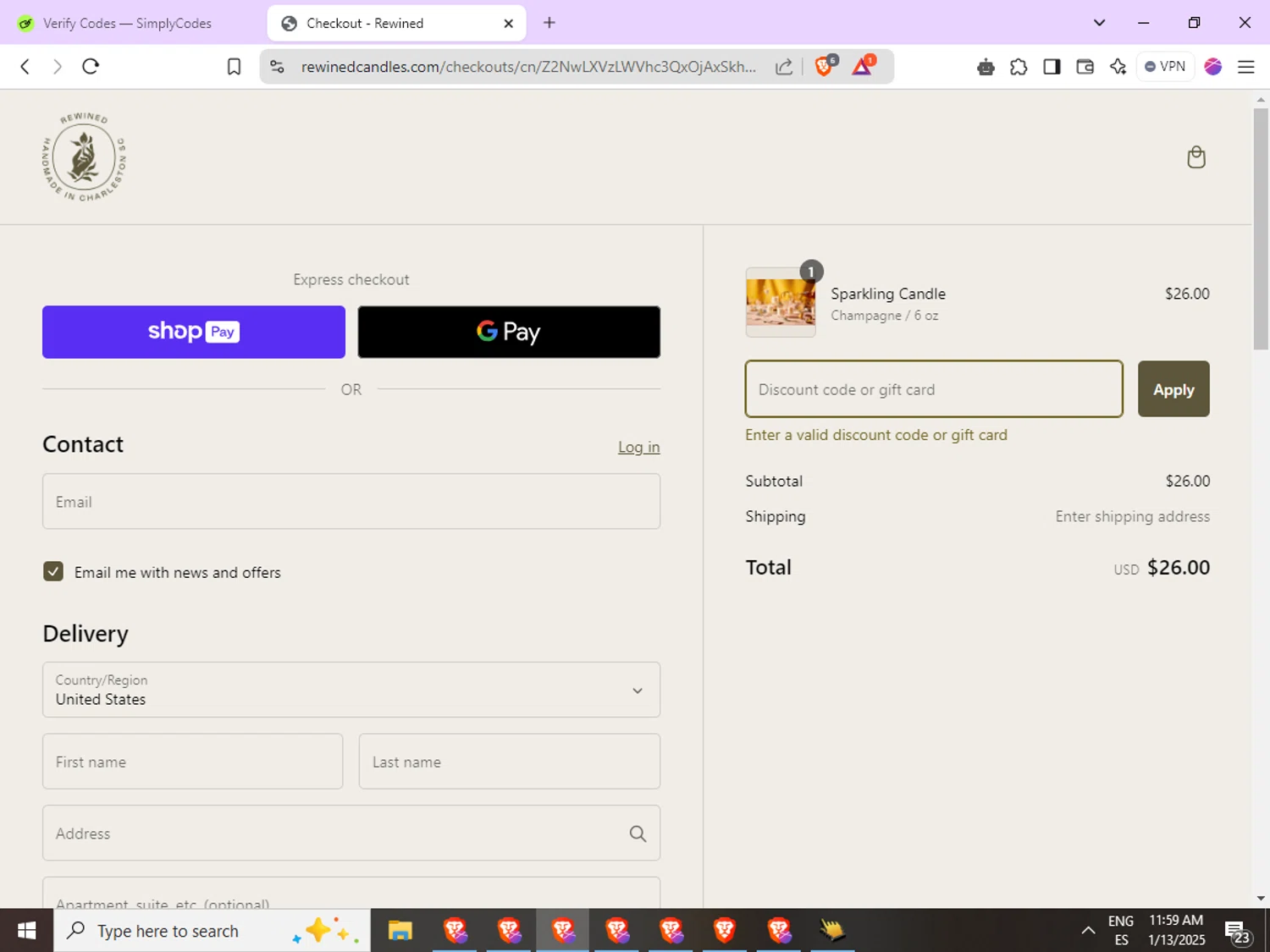Rewined Candles discount code screenshot showing code DAY2 applied at Rewined Candles checkout page. Uploaded by SimplyCodes community member ExtraordinaryGenius9135 on Jan 13, 2025