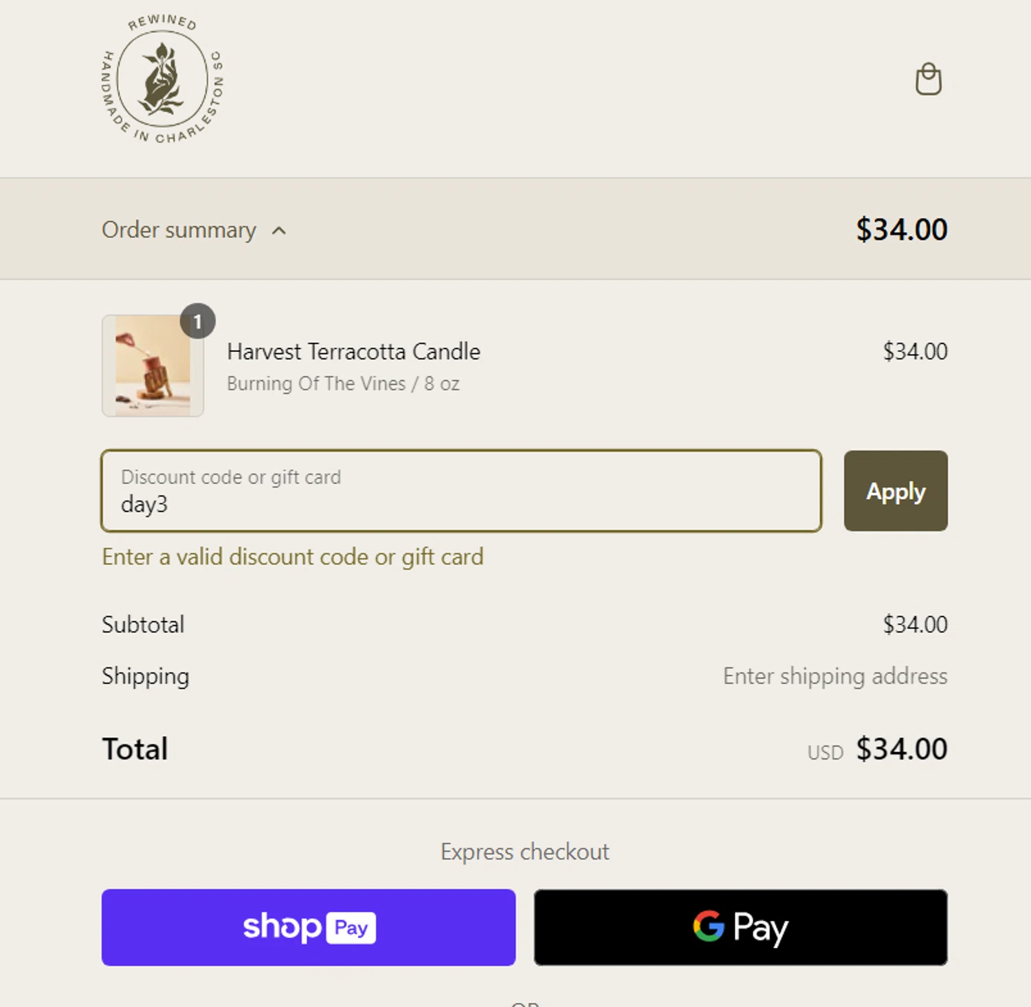 Rewined Candles discount code screenshot showing code day3 applied at Rewined Candles checkout page. Uploaded by SimplyCodes community member LieutenantGhost on Jan 14, 2025
