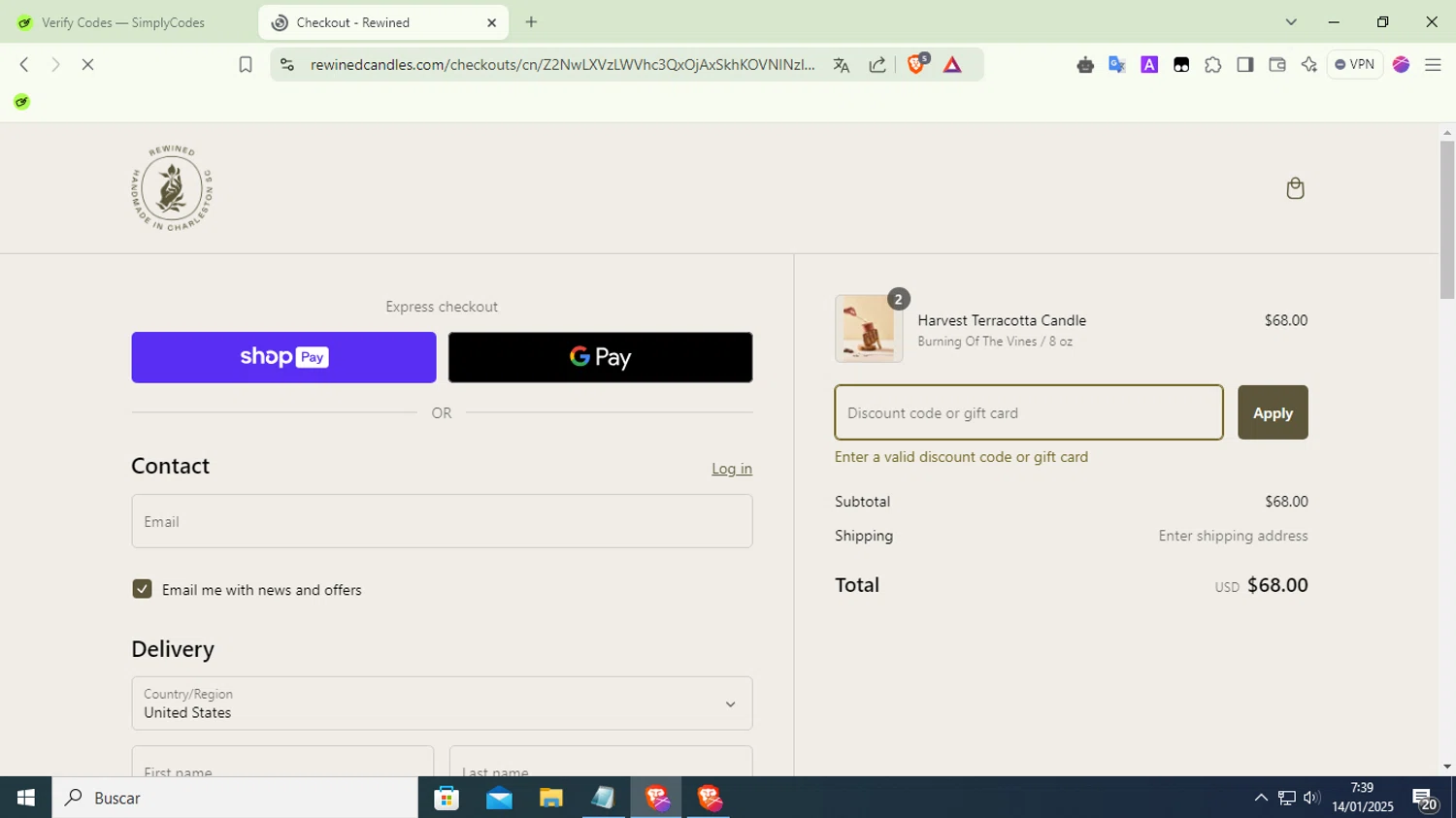 Rewined Candles discount code screenshot showing code day3 applied at Rewined Candles checkout page. Uploaded by SimplyCodes community member LuckyFox7067 on Jan 14, 2025