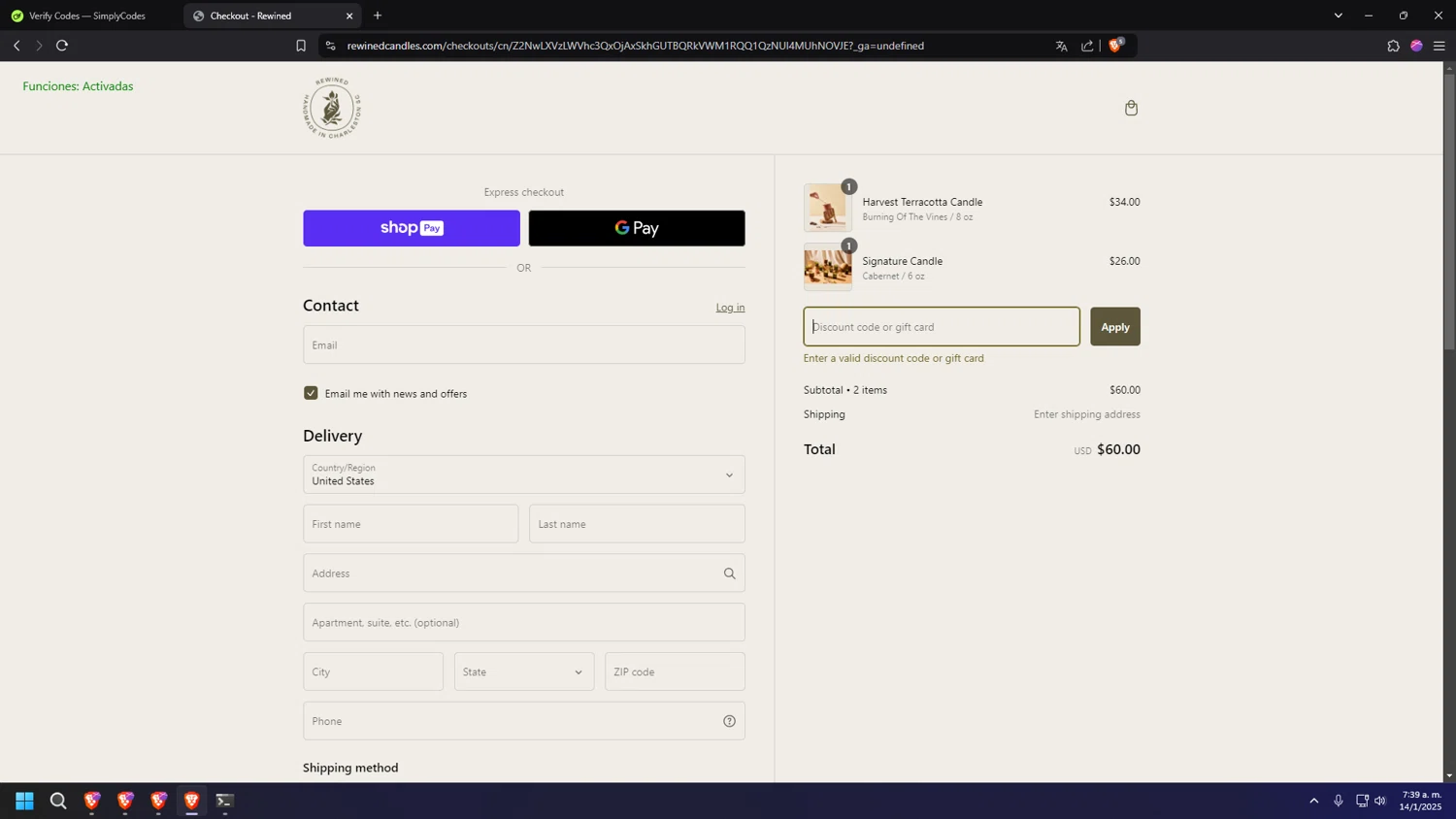 Rewined Candles discount code screenshot showing code day3 applied at Rewined Candles checkout page. Uploaded by SimplyCodes community member INSECTOS on Jan 14, 2025
