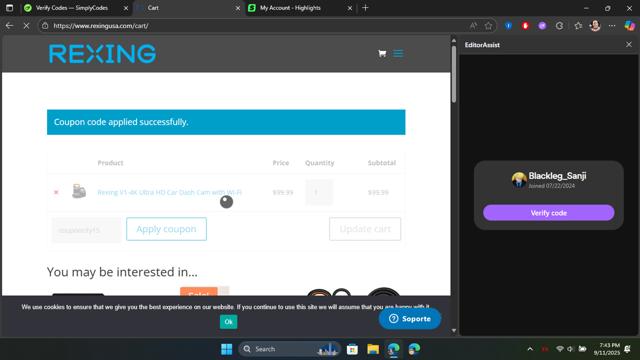 Rexing checkout page showing Rexing coupon code box | Screenshot taken by SimplyCodes community member on Sep 11, 2025