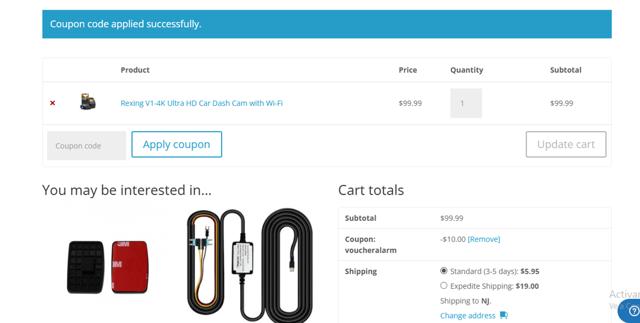 Rexing checkout page showing Rexing coupon code box | Screenshot taken by SimplyCodes community member on Sep 3, 2025