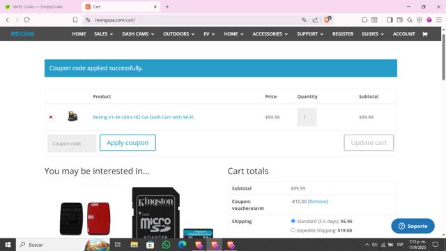 Rexing checkout page showing Rexing coupon code box | Screenshot taken by SimplyCodes community member on Sep 11, 2025