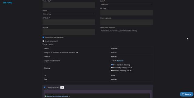 Rexing checkout page showing Rexing coupon code box | Screenshot taken by SimplyCodes community member on Sep 8, 2025