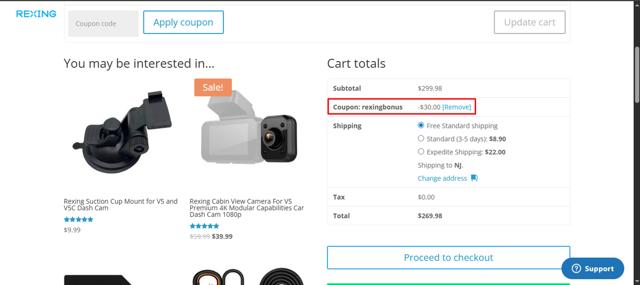Rexing checkout page showing Rexing coupon code box | Screenshot taken by SimplyCodes community member on Sep 11, 2025