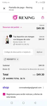 REXSEP15 coupon verification screenshot