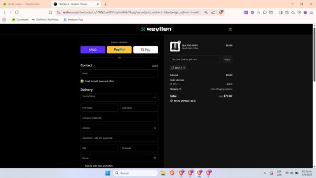 Reyllen Fitness checkout page showing Reyllen Fitness discount code box | Screenshot taken by SimplyCodes community member on Sep 5, 2025