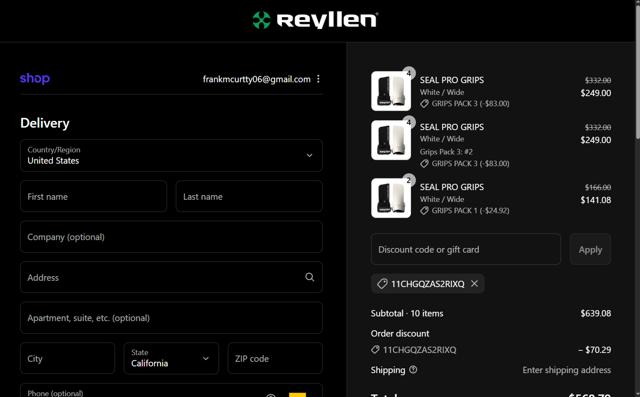 Reyllen Fitness checkout page showing Reyllen Fitness discount code box | Screenshot taken by SimplyCodes community member on Sep 7, 2025